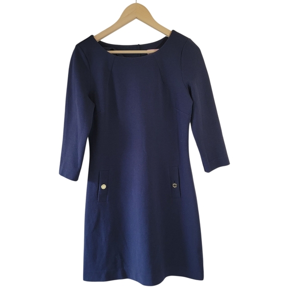Lilly Pulitzer Charlene Shift Dress S Navy Blue Textured 3/4 Sleeve Minimalist - Picture 1 of 12